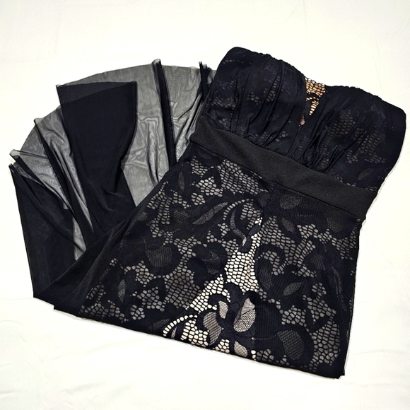 Shop WTD ✦ Strapless Lace Mini Dress ✦ Nude Lining w/ Chiffon Overlay & High-Low - Picture 11 of 17